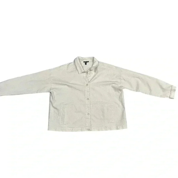 Eileen Fisher Cotton Blend Lightweight Jacket Large Cream Button Pockets Stretch - Picture 2 of 10